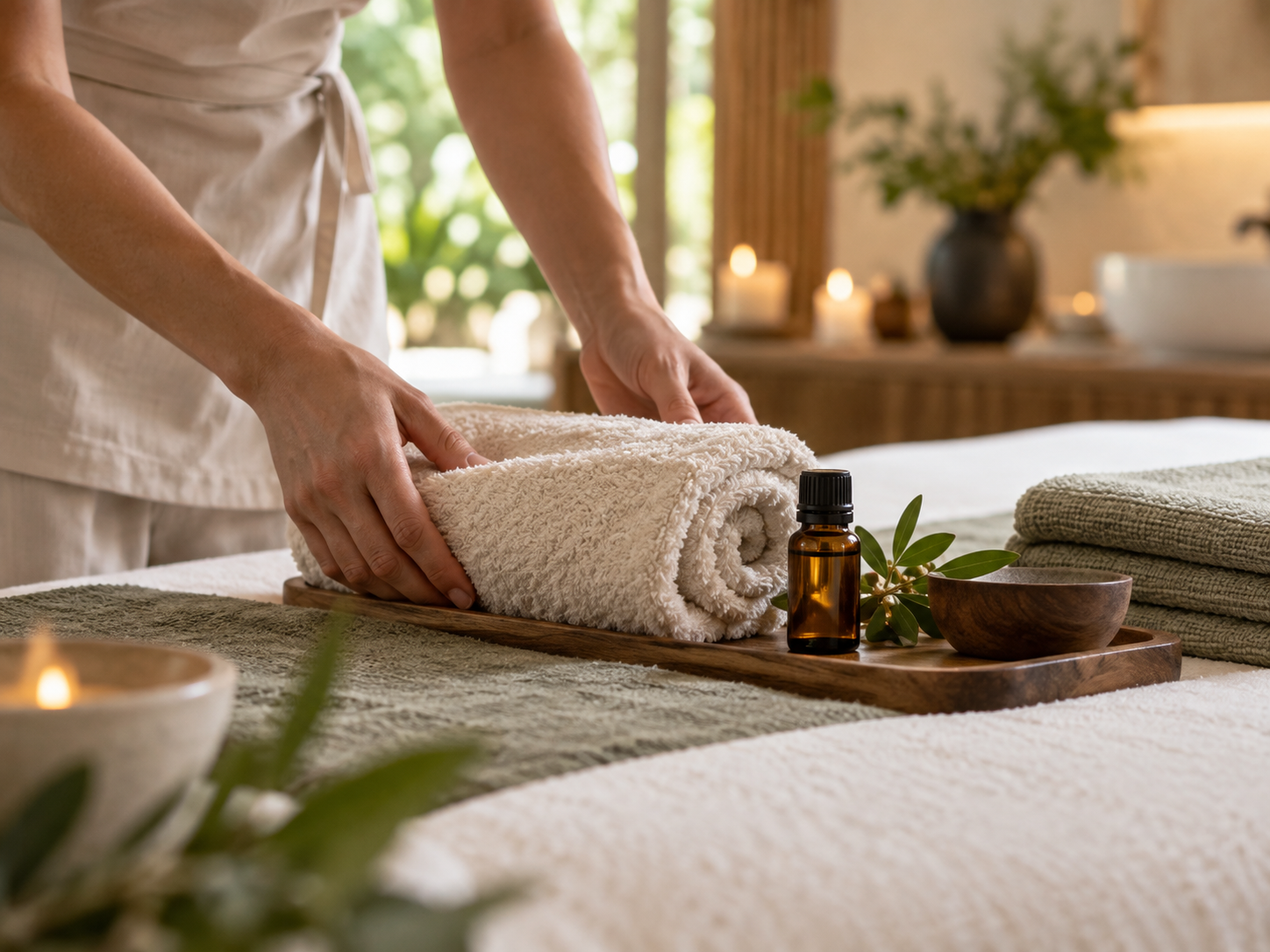 Warm towel and essential oil beside folded linen in a treatment room