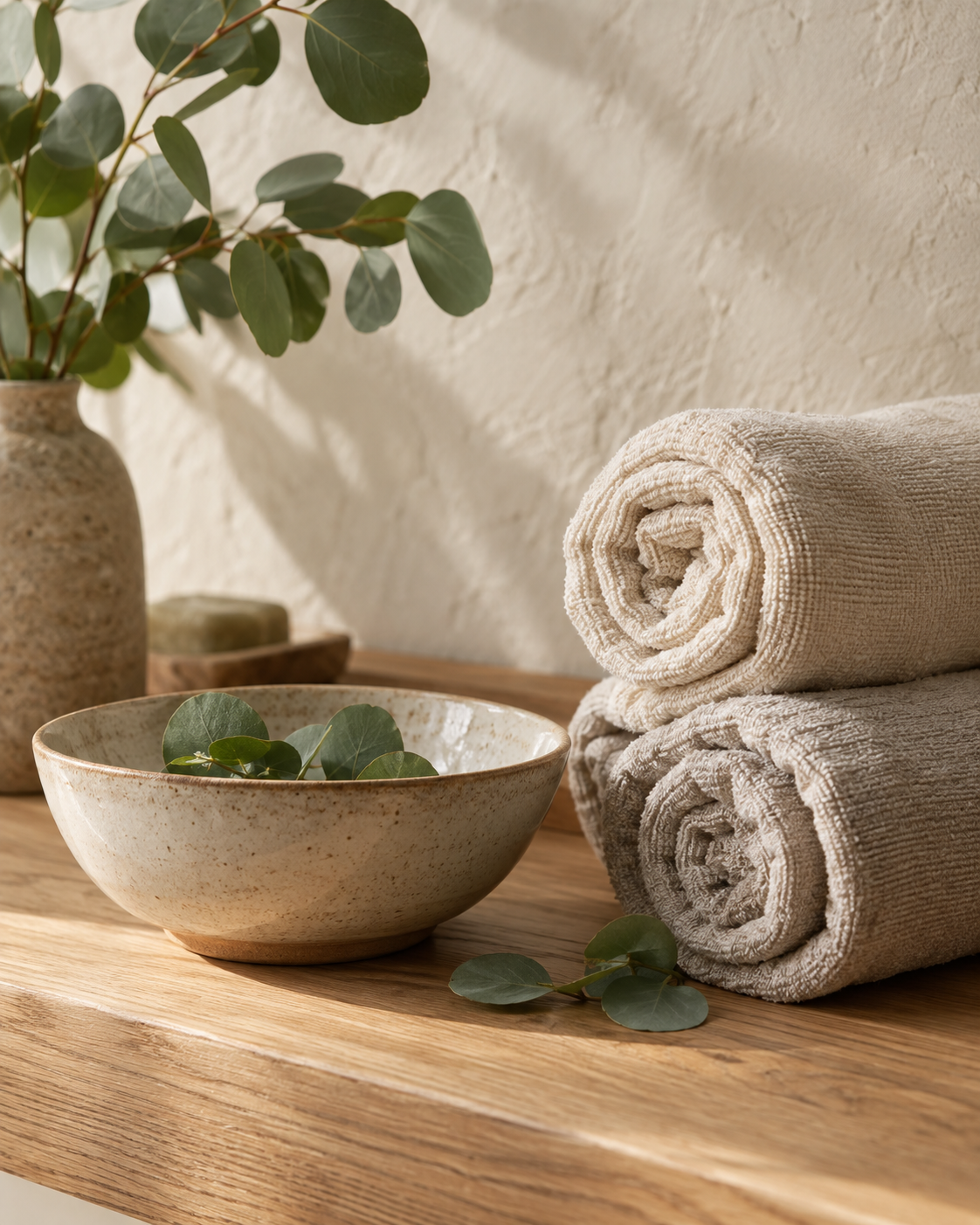 Eucalyptus, rolled linen towels and a ceramic bowl in a peaceful wellness space